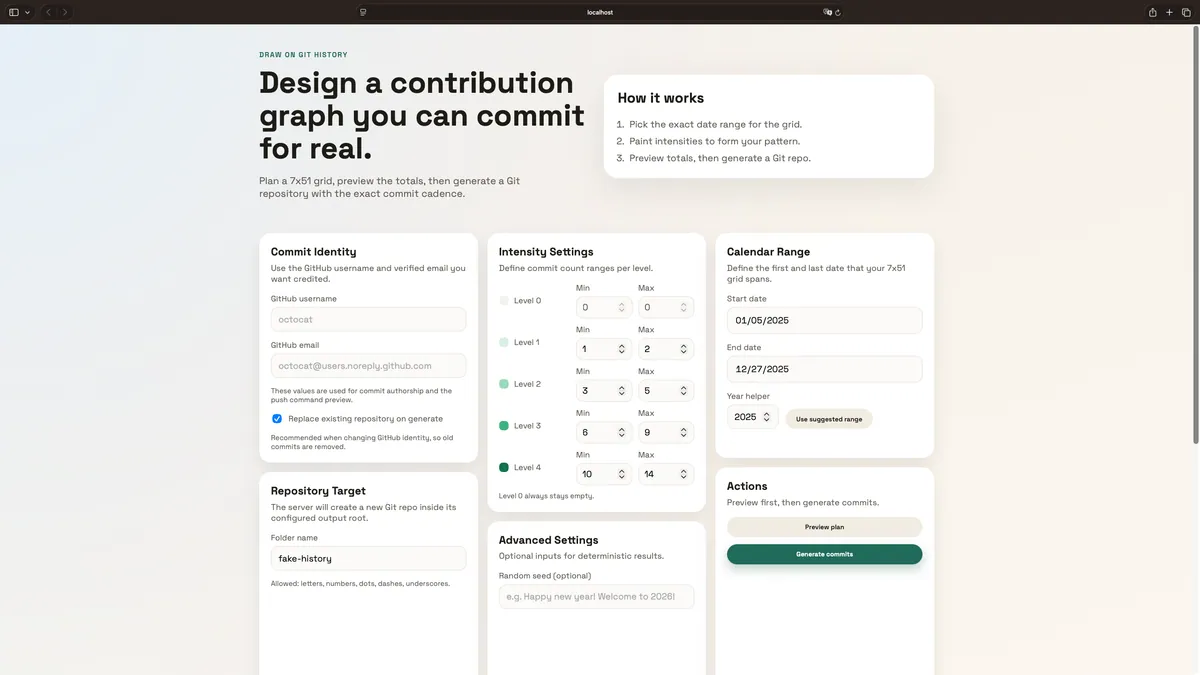 Draw on Git History contribution editor and generation controls