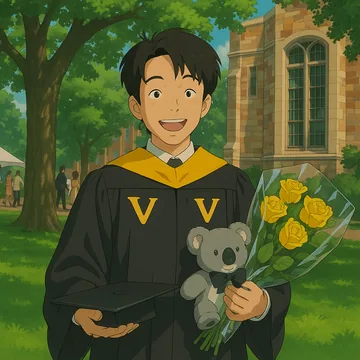 An illustrated portrait of Xuhui at graduation